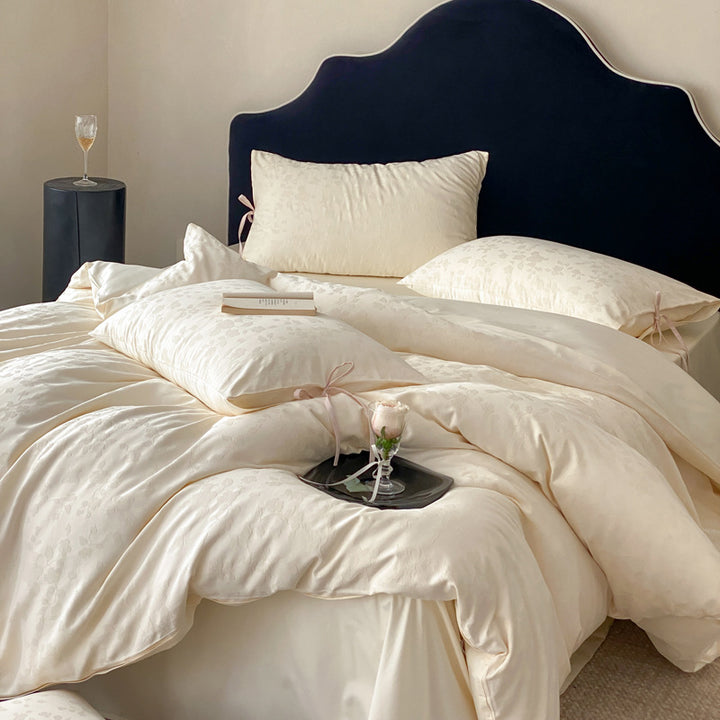 Embroidered Jacquard Floral Duvet Cover Set with Tie-Closure Pillow Shams