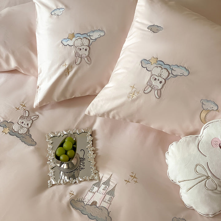 Premium Embroidered Cotton Duvet Cover Set with Plush Bunny Motif