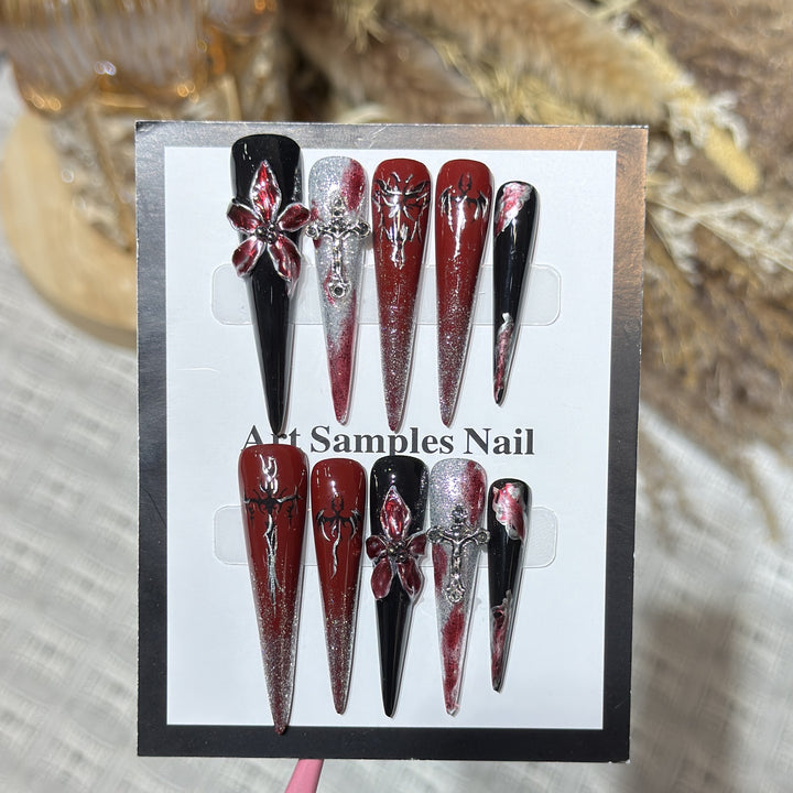 Artistic Stiletto Press-On Nail Set with Unique Gothic Design Elements Stornfield