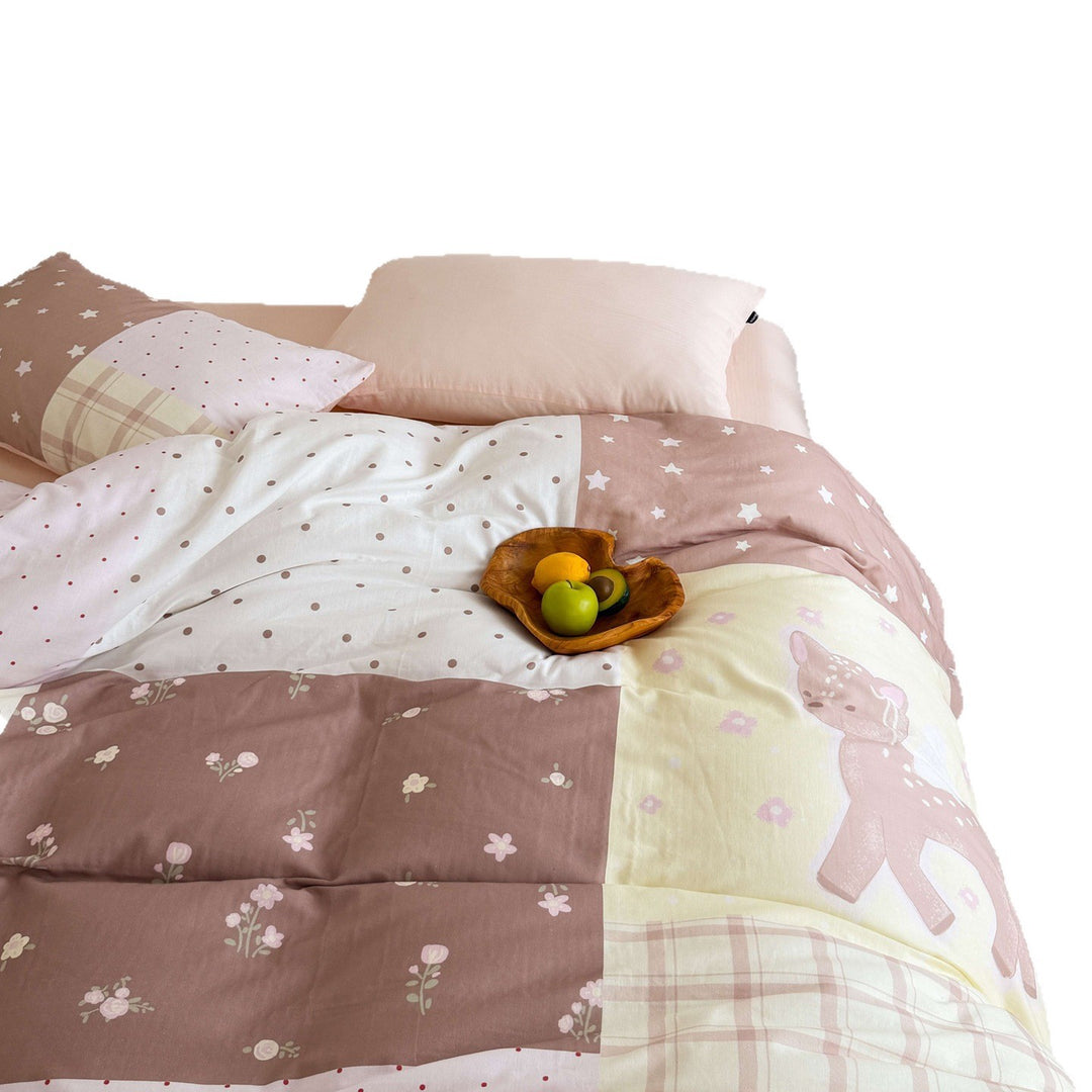 Modern reversible bed linen set with Vichy check and patchwork mix, including fitted sheet