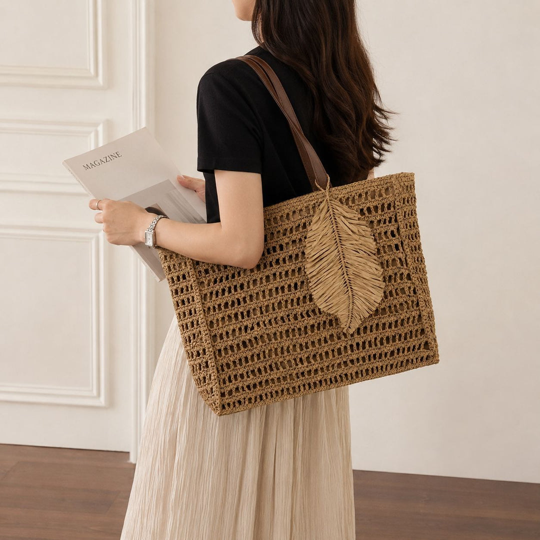 Macramé Beach Bag with Leather Accents Stornfield