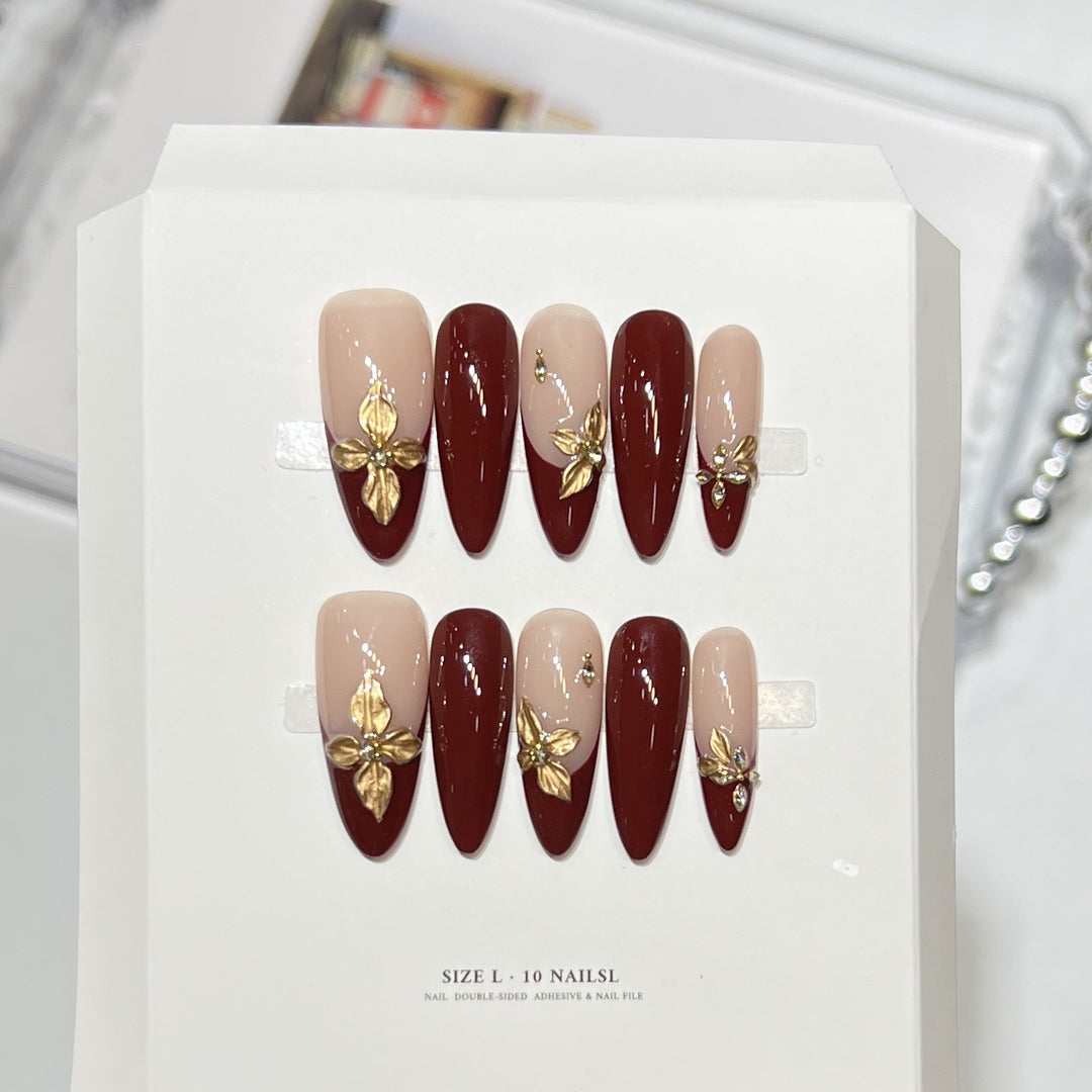 Premium Press-On Nail Art Set with Elegant Heart & Leaf Design Stornfield