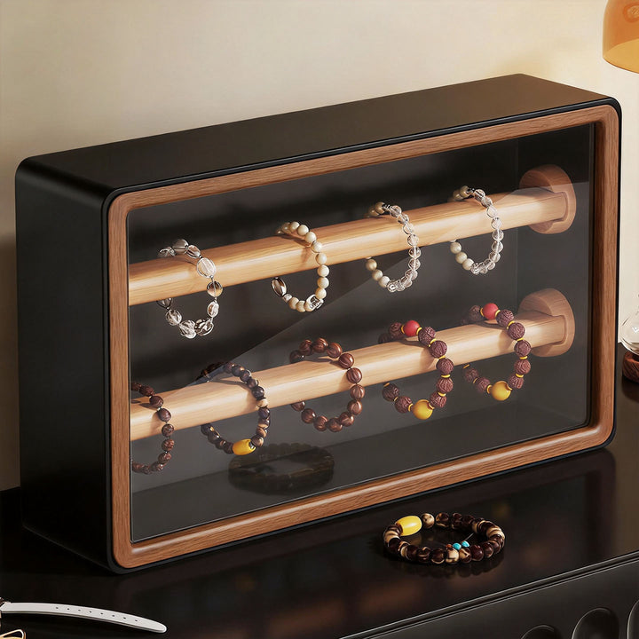 Wooden Bracelet Display Case with Dual Horizontal Rods and Clear Front