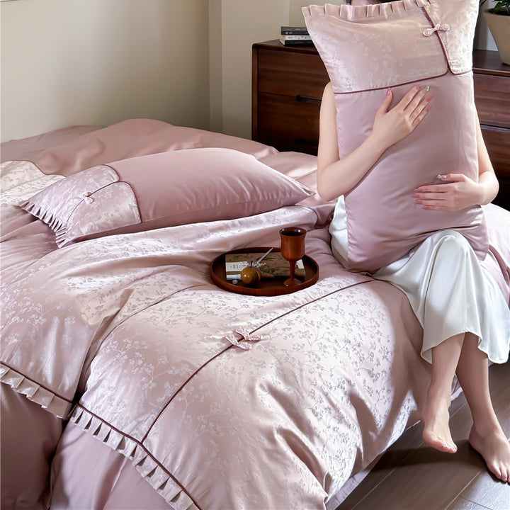 Silk-Blend Floral Jacquard Duvet Cover Set with Ruffle Trim