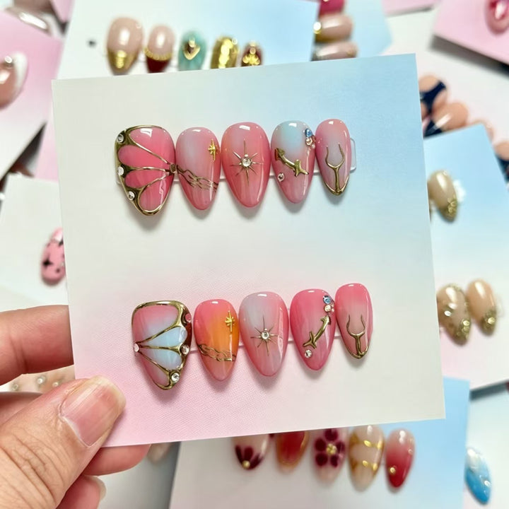 Elegant Press-On Nail Art Set with Floral and Gold Accents