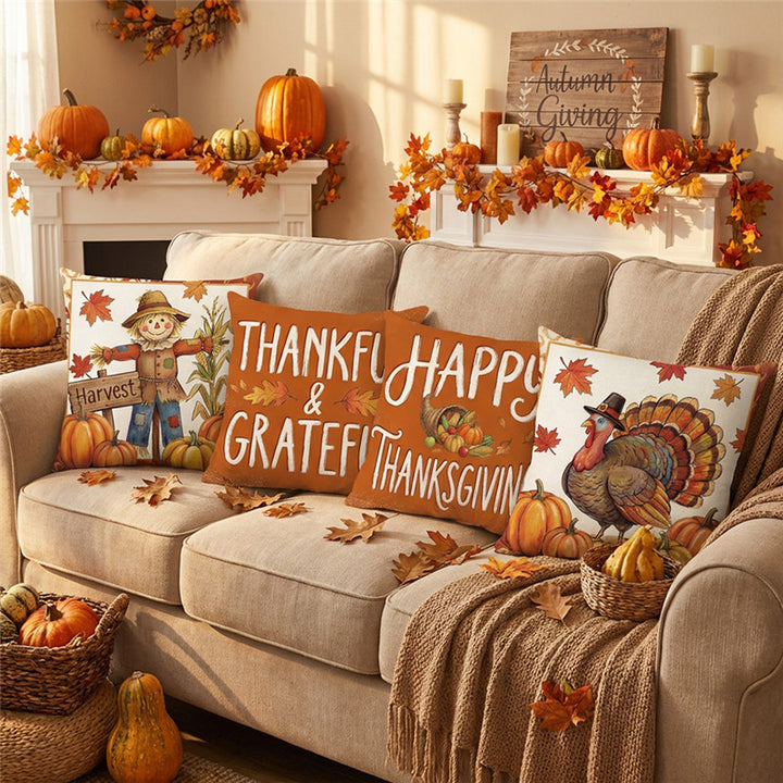 Autumn Harvest Cotton-Linen Square Throw Pillow Cover with Thanksgiving Turkey and Pumpkin Print
