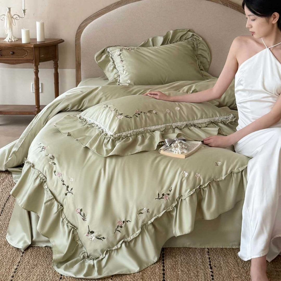 Ruffled Satin-Feel Embroidered Duvet Cover Set with Pillow Shams