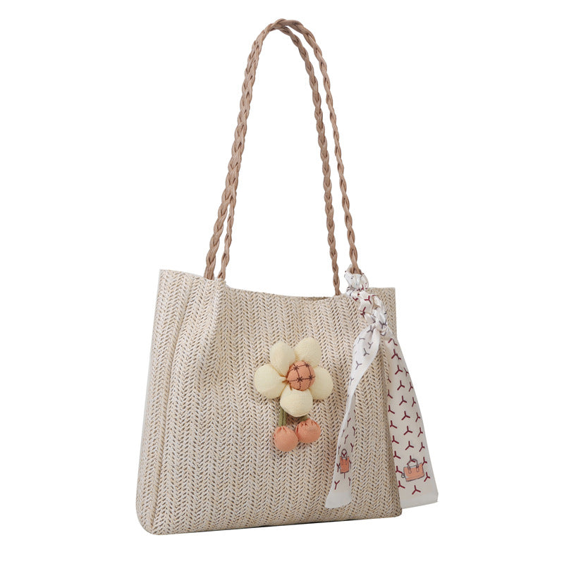 Floral Embellished Straw Tote Bag