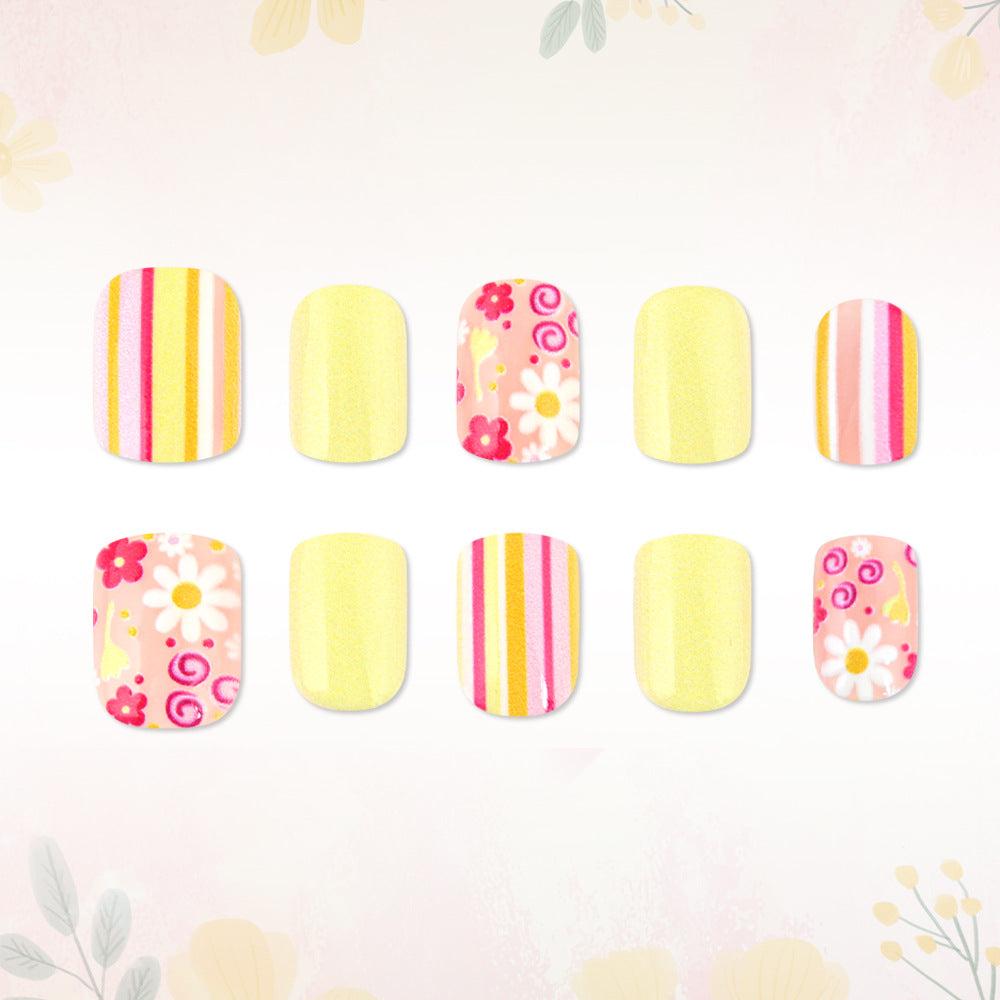 Artistic Floral and Striped Press-On Nail Art Stornfield