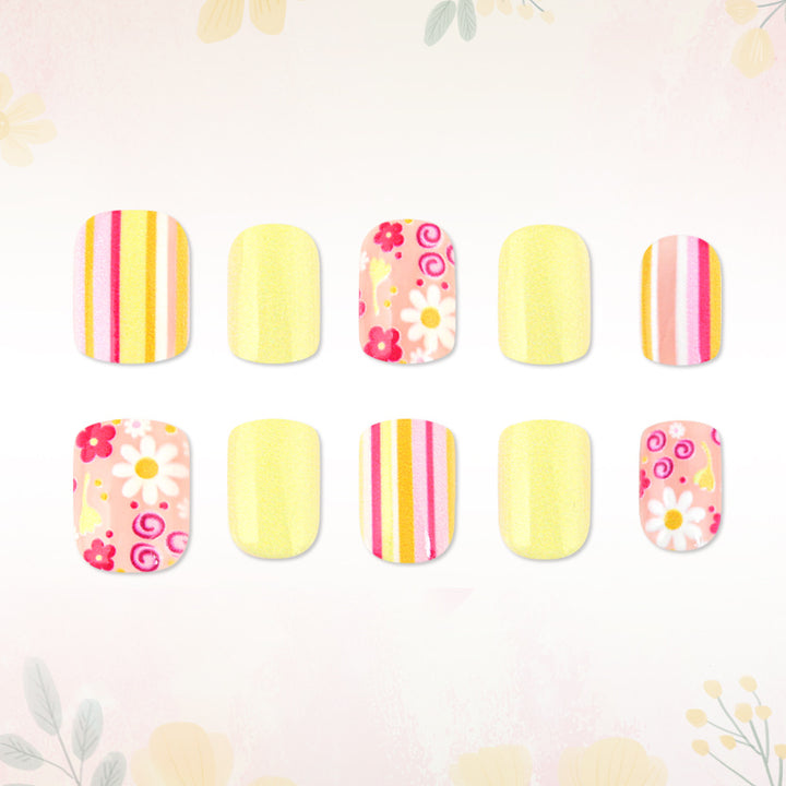 Artistic Floral and Striped Press-On Nail Art Stornfield