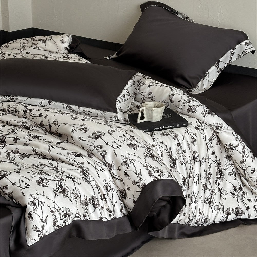 Luxurious satin bedding set with floral watercolor print and satin edge
