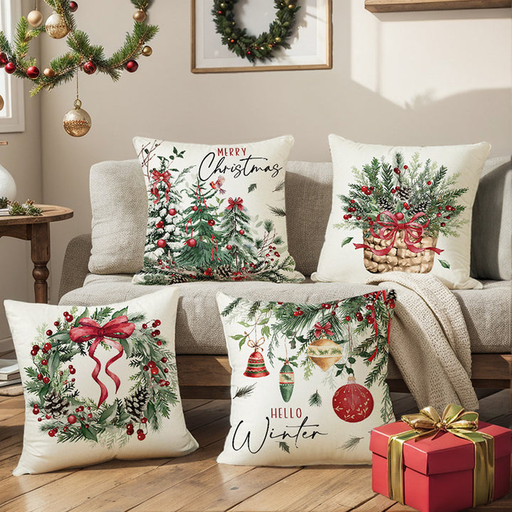 Festive Botanical Wreath Linen-Texture Square Pillow Cover