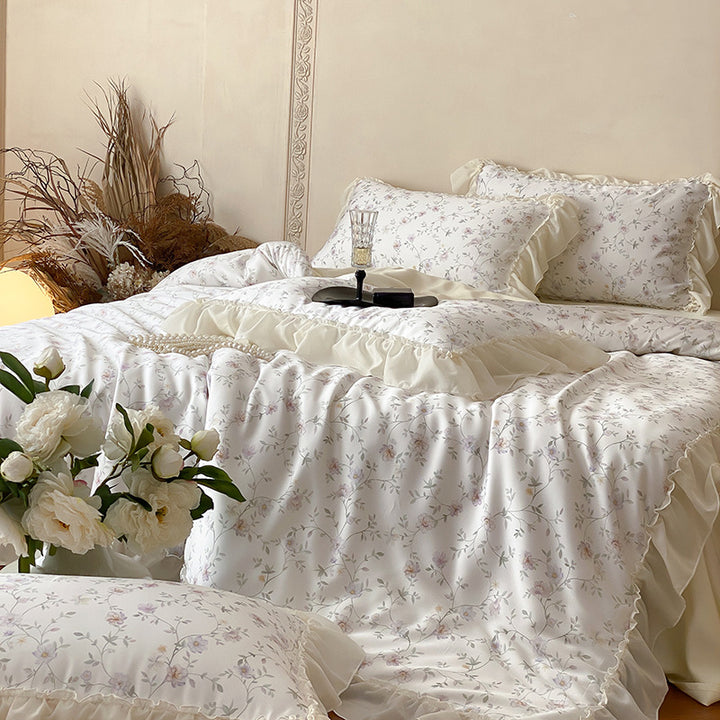 Luxury Floral Satin Bedding Set with Ruffled Edge