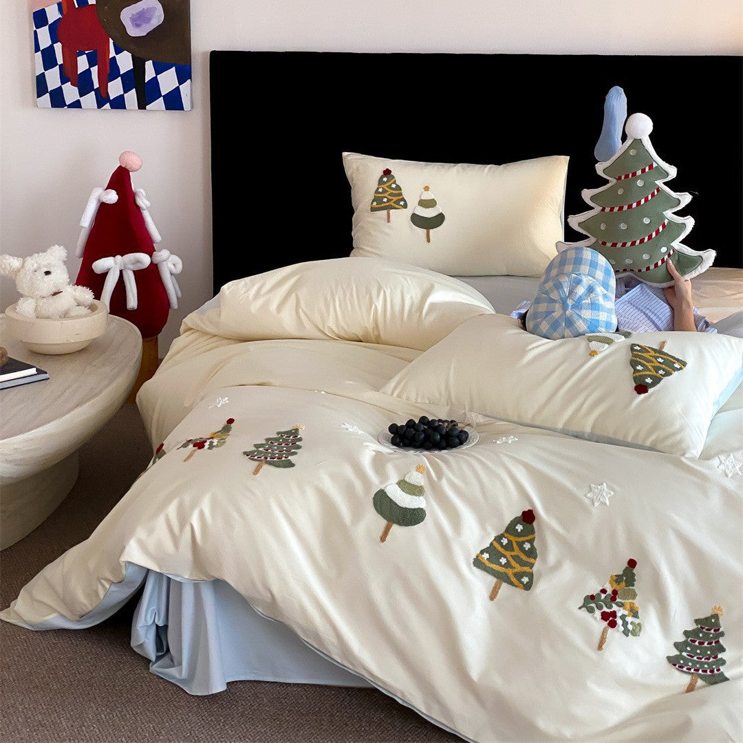 Reversible Embroidered Holiday Duvet Cover Set with Cotton-Sateen Finish