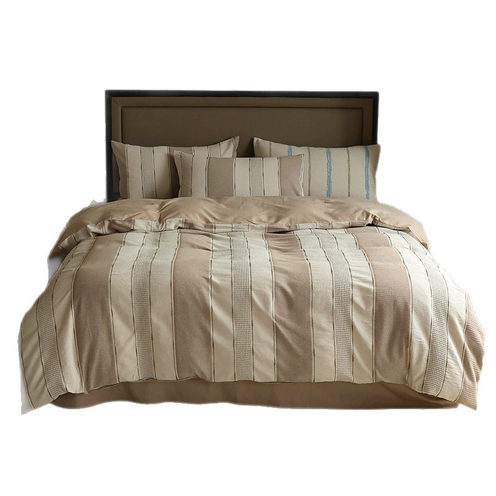 Striped Textured Cotton-Linen Duvet Cover Set with Decorative Euro Shams