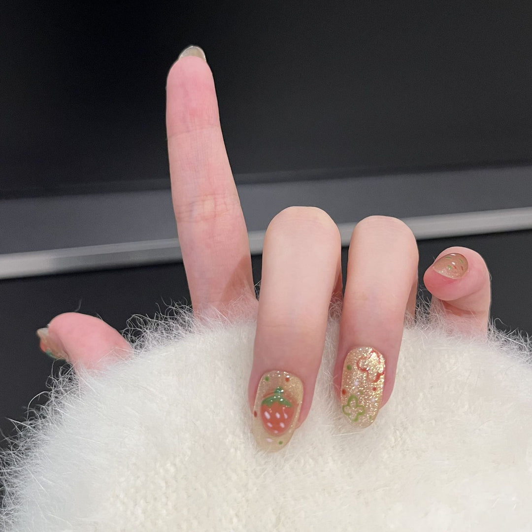 Artistic Strawberry-Themed Press-On Nail Set Stornfield