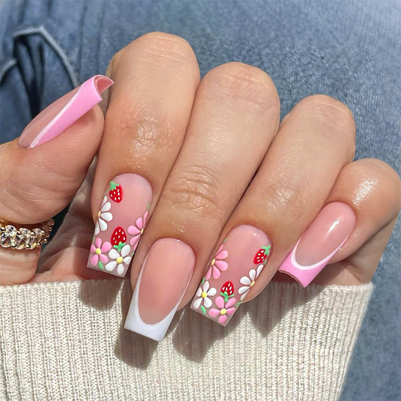 Artificial nail set with colorful flowers and creative French design Stornfield