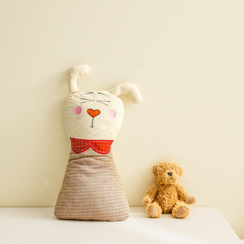 Plush Bunny Decorative Pillow Cushion with Embroidered Face and Plaid Body