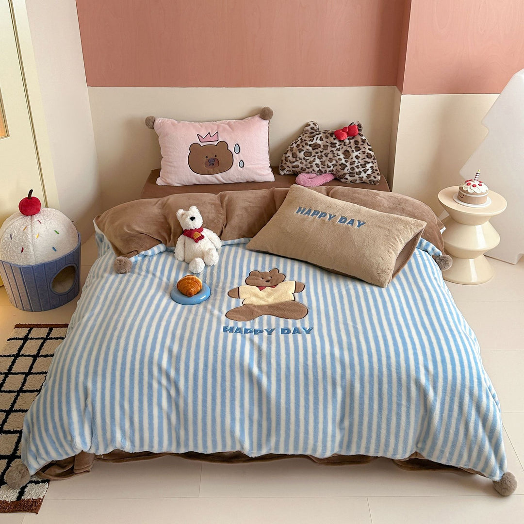 Striped Plush Reversible Comforter Set with Embroidered Mug and Pom-Pom Accents
