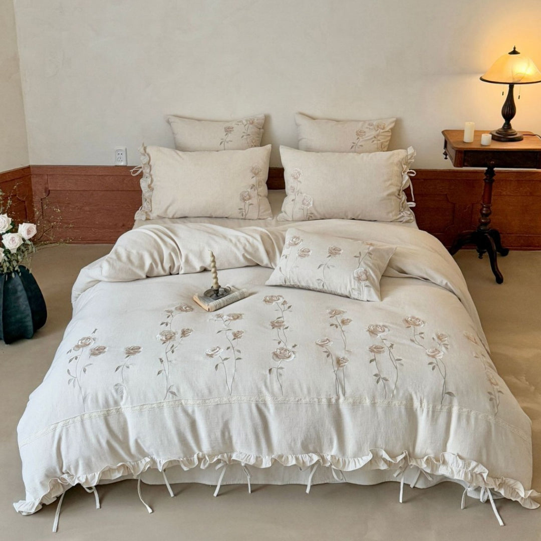 Embroidered Rose Linen‑Feel Ruffled Duvet Cover Set with Ties