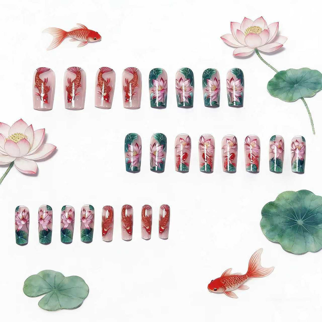 Artificial nails with floral lotus elements and koi pattern Stornfield