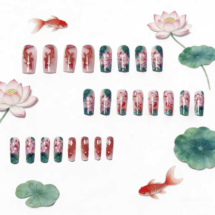 Artificial nails with floral lotus elements and koi pattern Stornfield