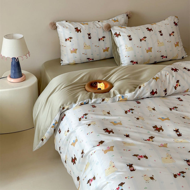 Children's bedding set with cute bunny & strawberry prints, reversible function and pom-pom cushion