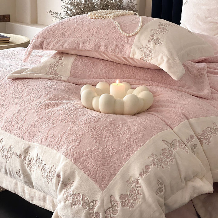 Embroidered Quilted Cotton-Sateen Duvet Cover Set with Floral & Butterfly Motif