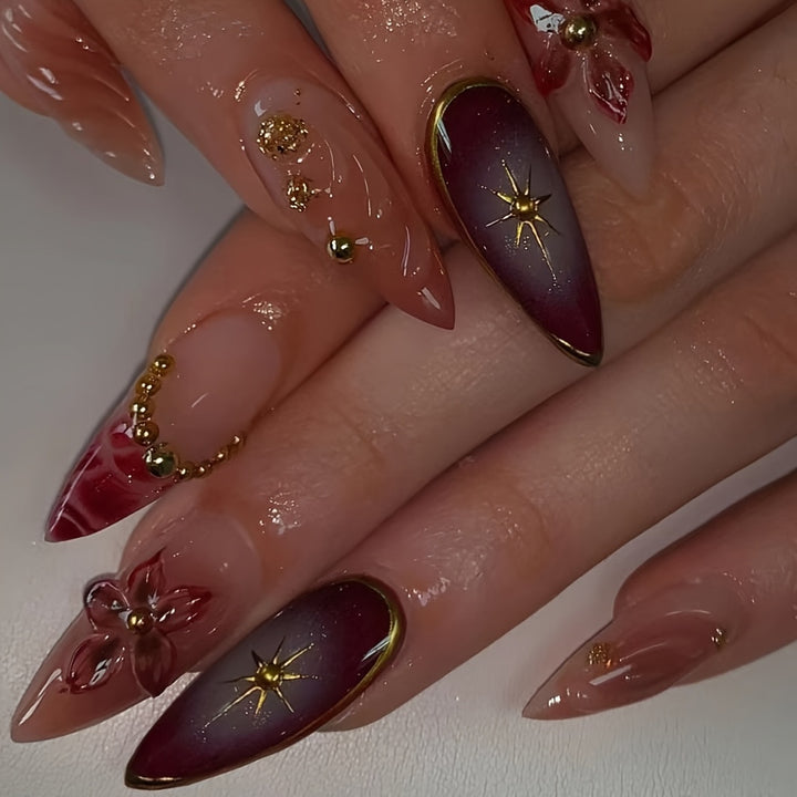 Artistic Stiletto Press-On Nails with Floral and Star Designs Stornfield