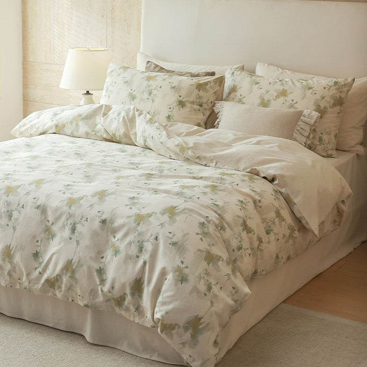 Luxury Linen-Cotton Duvet Cover Set with Floral Watercolor Print
