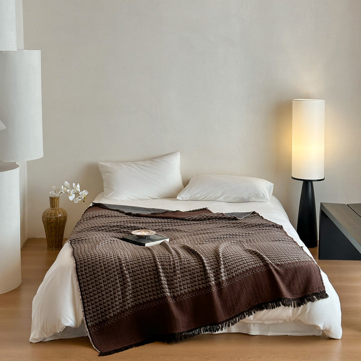 Woven Waffle-Texture Fringed Throw Blanket