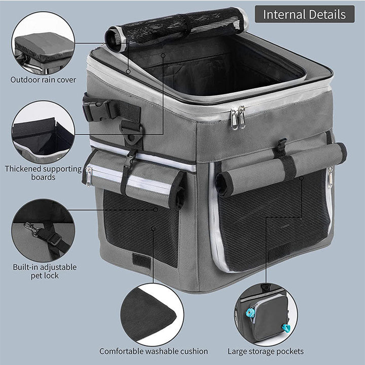 expandable front bike pet carrier basket with dual-access roll-top canopy and organizer pockets Stornfield