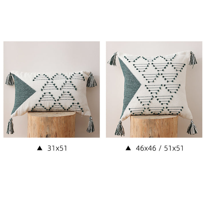 Woven decorative cushion cover with geometric tuft pattern, tassels and concealed zipper