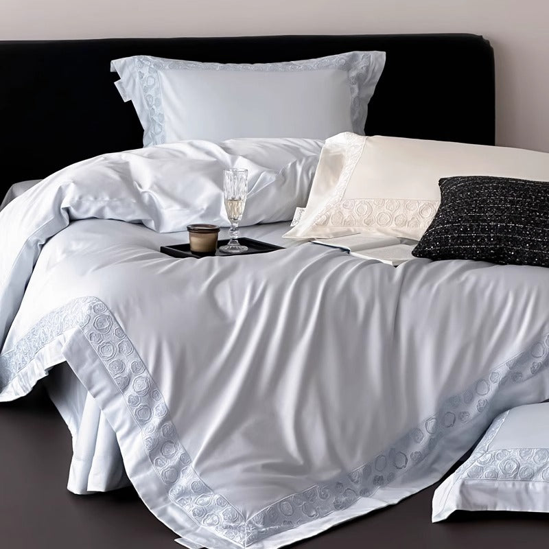 Silky Micro-Sateen Rose-Scroll Embroidered Duvet Cover Set with Scalloped Hem & Pillow Shams