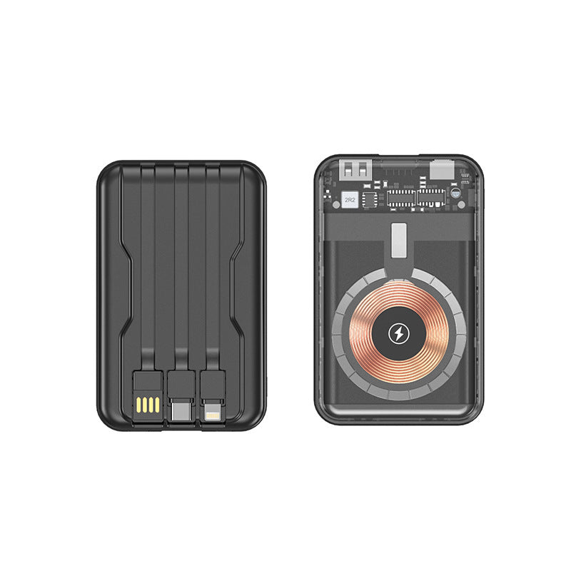 Portable power bank with wireless charging function and integrated cable system Stornfield