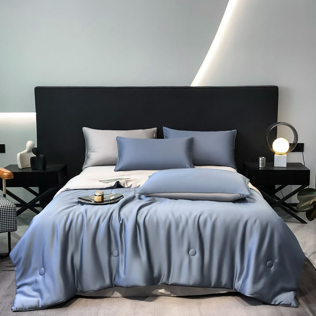 Silk cotton satin bedding cover with quilted comfort edge and pillowcases