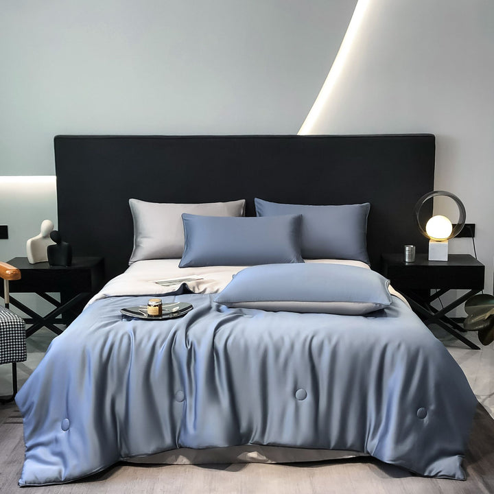 Silk cotton satin bedding cover with quilted comfort edge and pillowcases