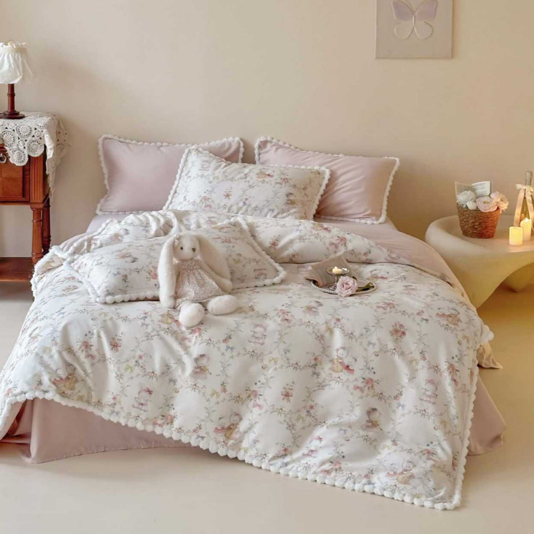 Romantic Floral Cotton Duvet Cover Set with Pom-Pom Trim and Matching Pillow Shams