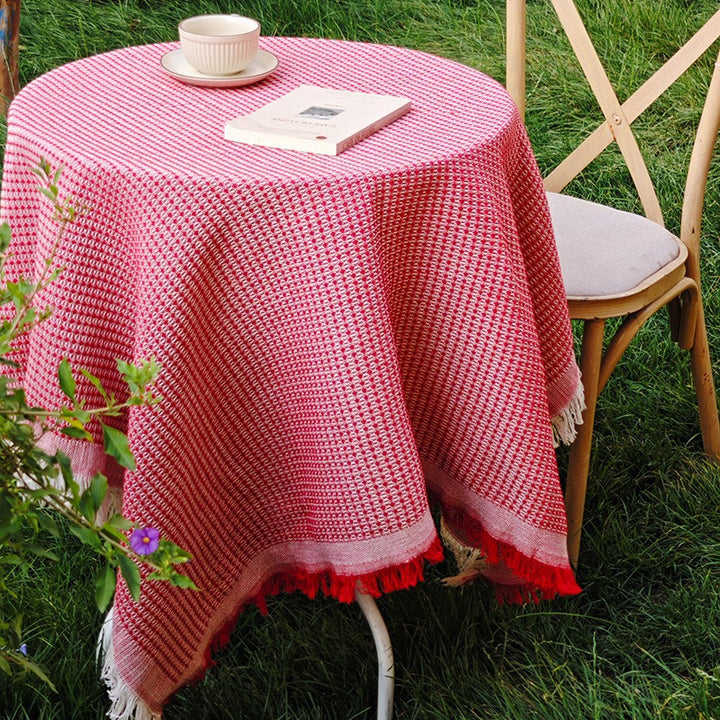 Round Textured Waffle-Weave Fringe Tablecloth with Tassel Edge