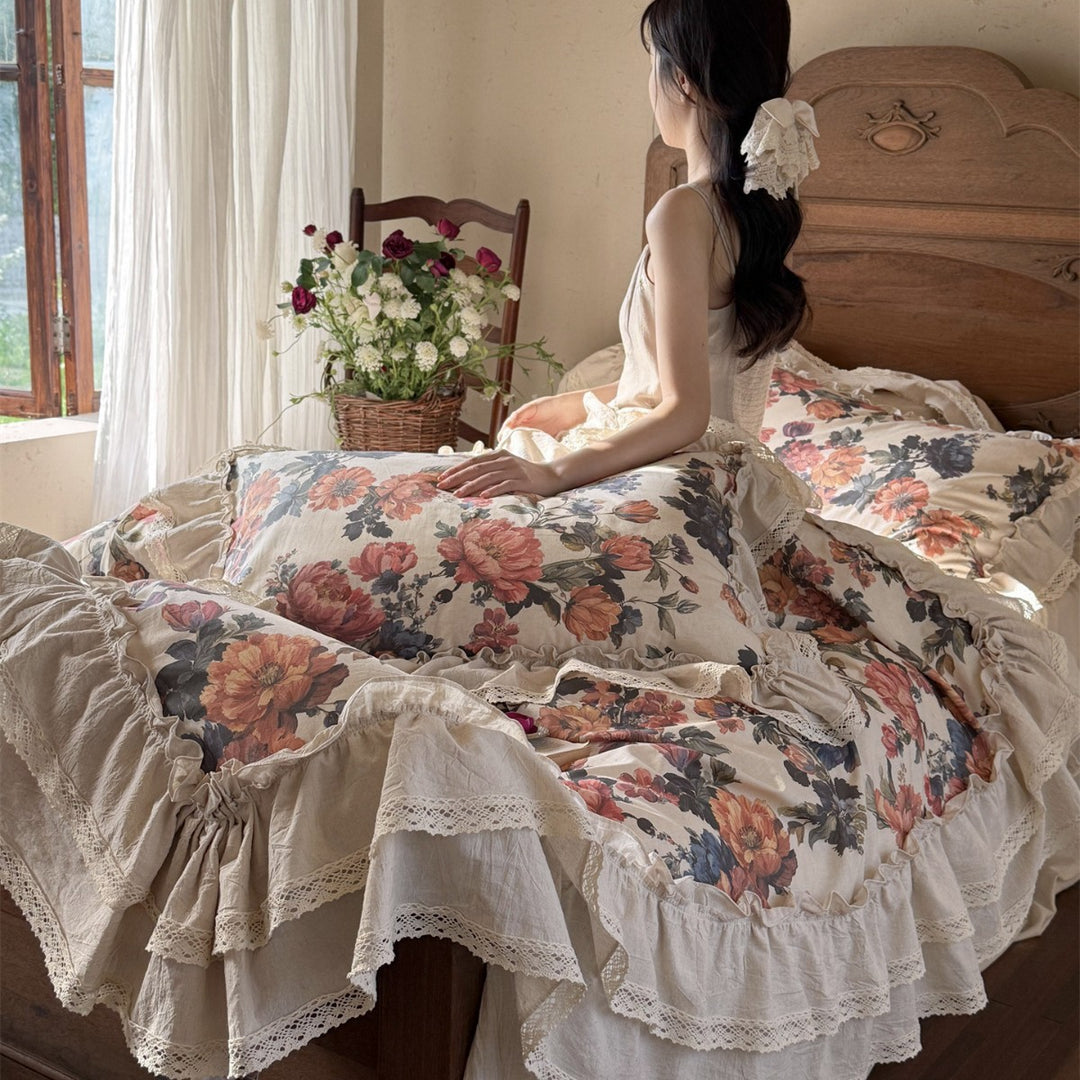 Floral Ruffled Cotton Duvet Cover Set with Lace Trim and Layered Bed Skirt