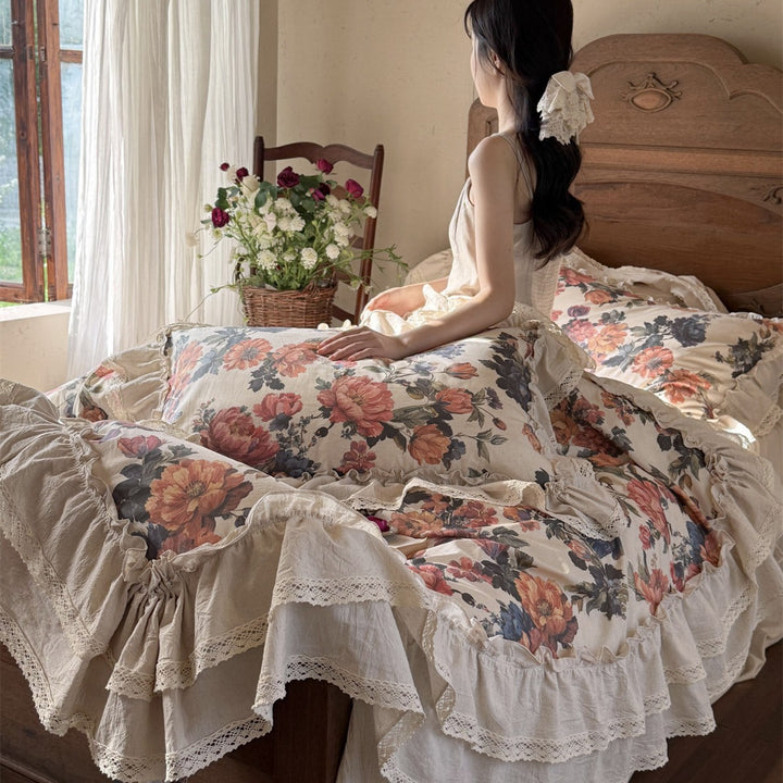 Floral Ruffled Cotton Duvet Cover Set with Lace Trim and Layered Bed Skirt