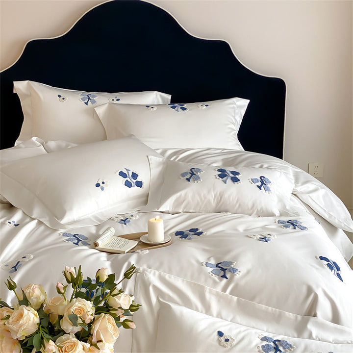 Embroidered Floral Appliqué Sateen Duvet Cover Set with Hidden Closure and Corner Ties