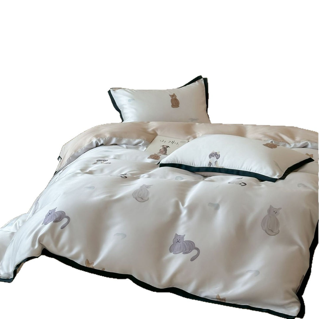 Silk-gloss satin bedding set with minimalist cat illustrations and fine piping