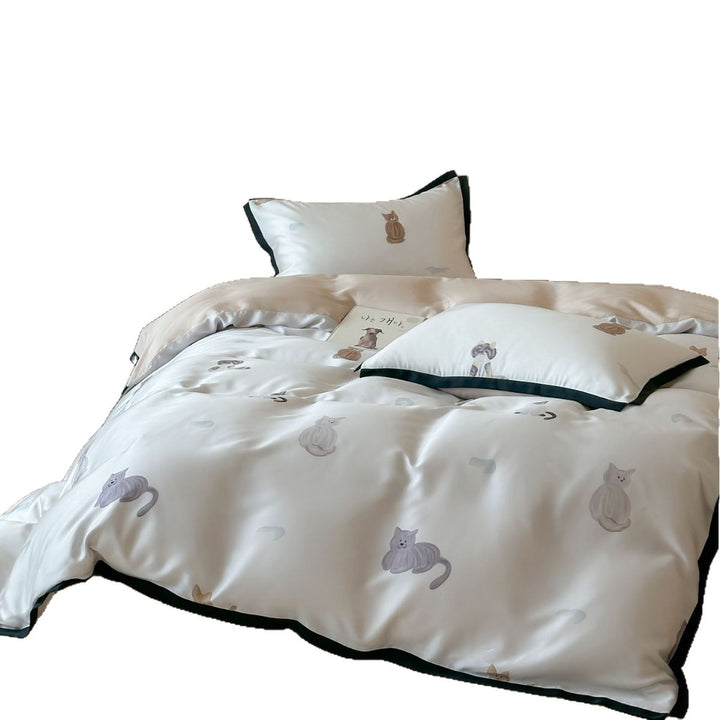 Silk-gloss satin bedding set with minimalist cat illustrations and fine piping