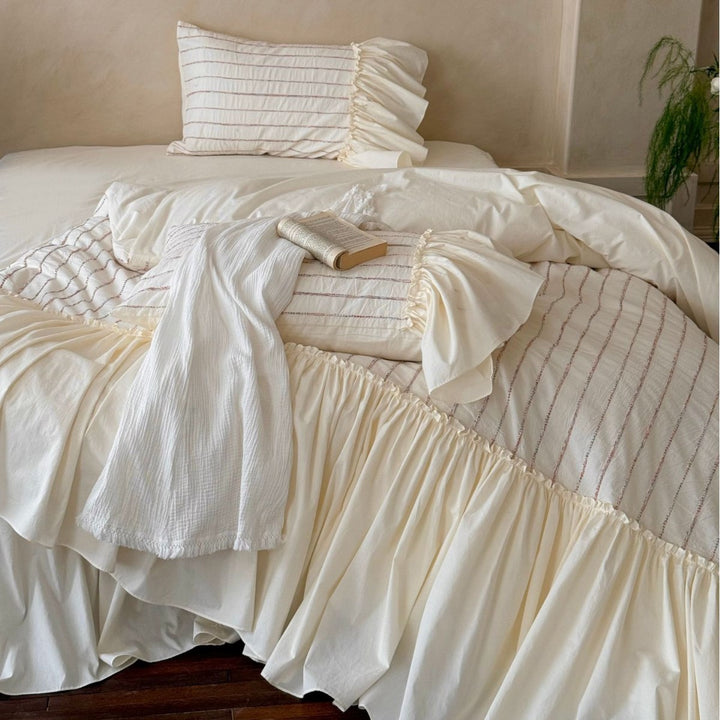 Ruffled Gathered Duvet Cover Set with Pleated Accent Pillowcases and Skirted Hem