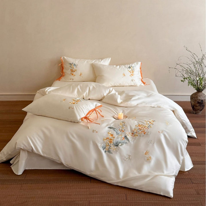 Botanical Embroidered Satin Duvet Cover Set with Ribbon-Tie Shams