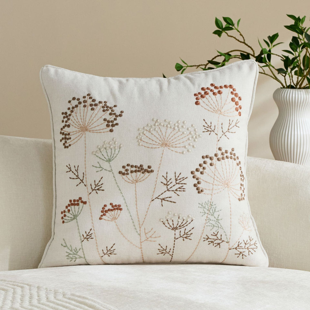 Square Embroidered Botanical Linen-Blend Accent Pillow Cover with Hidden Zipper