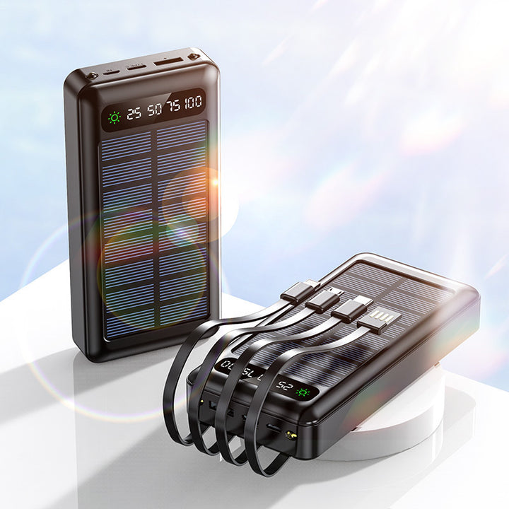 Solar-powered power bank with intelligent power display and multifunctional charging cables Stornfield
