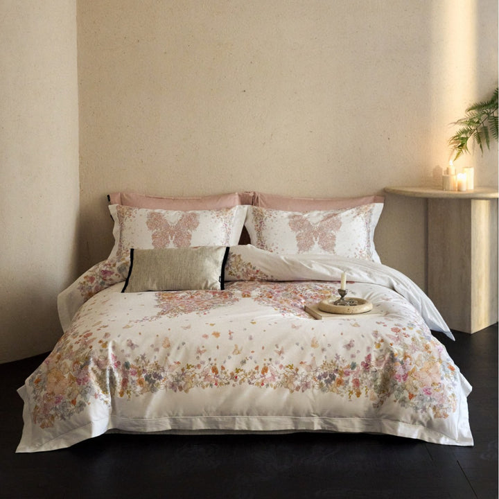 Butterfly Floral Reversible Cotton Sateen Duvet Cover Set with Pillow Shams