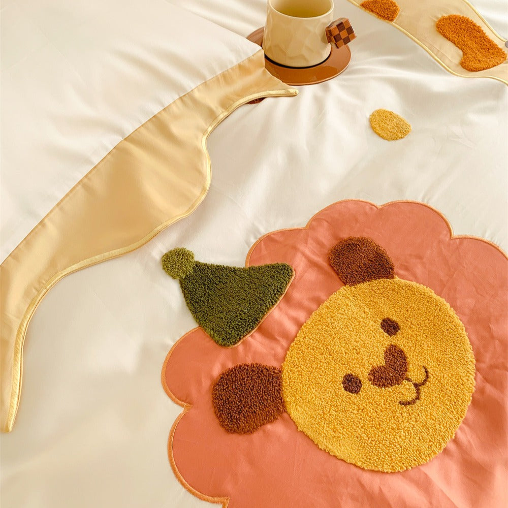Children's Embroidered Cotton Duvet Cover Set with Animal Appliqué Pillowcases